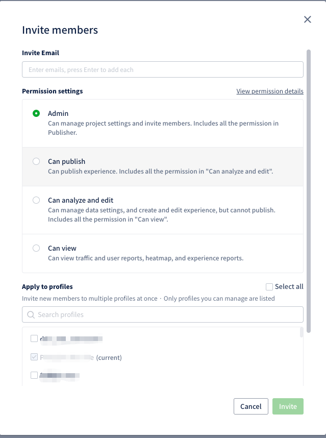 Apply to profiles selector in the Invite members dialog