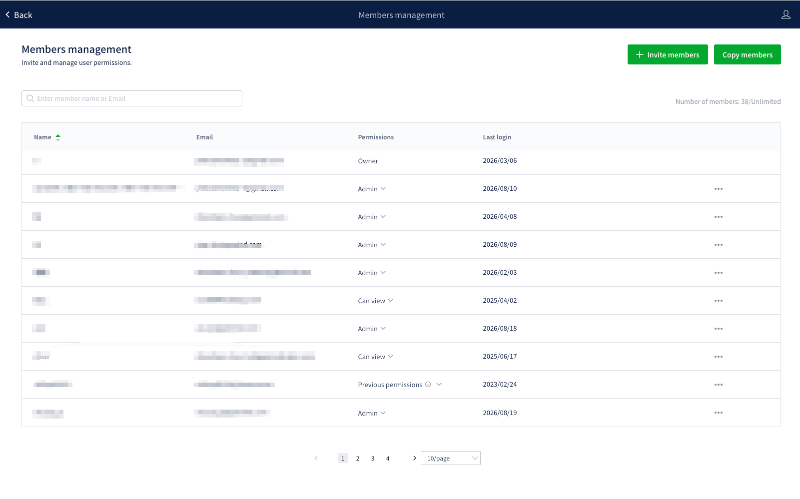 Invite members and Copy members buttons on the Members management page