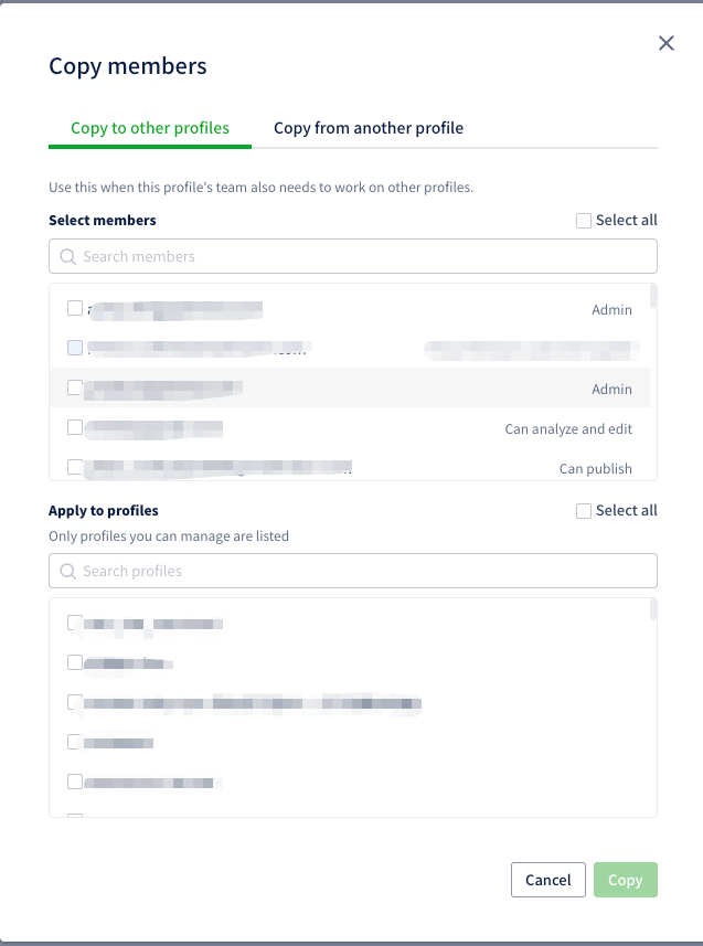 Copy to other profiles tab in the Copy members dialog